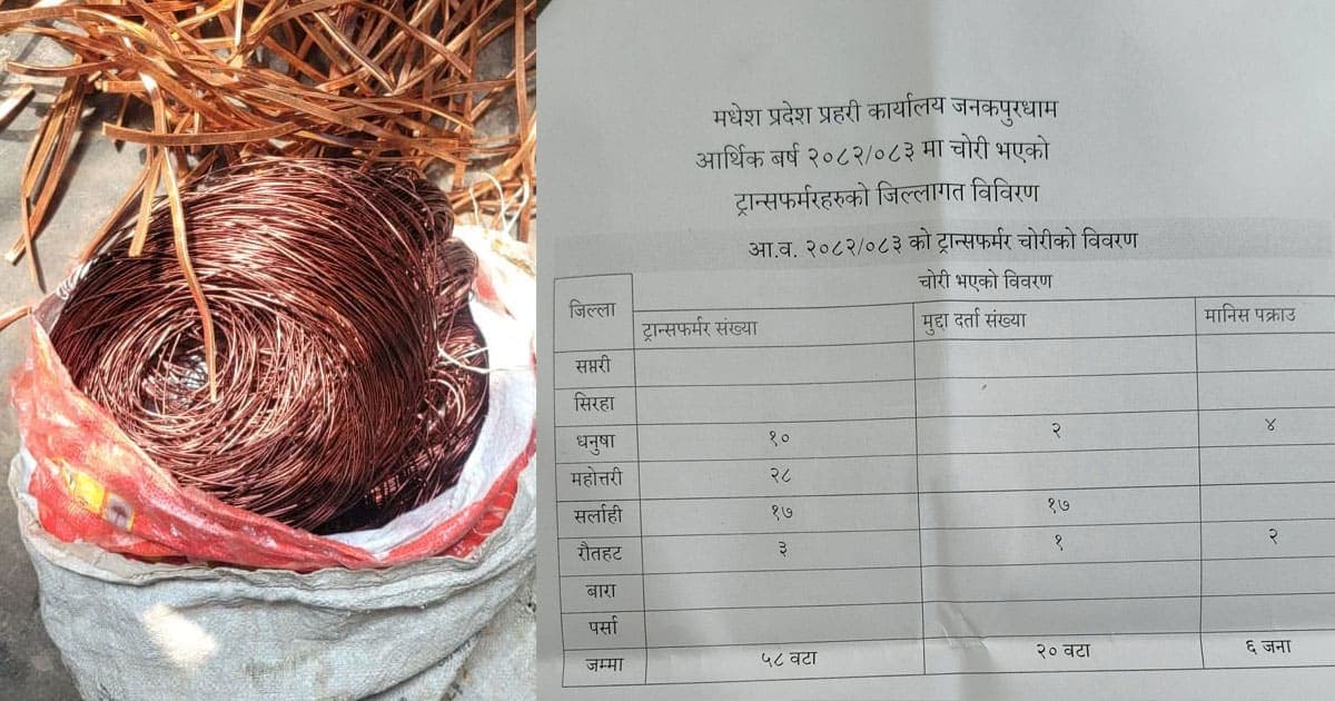 मधेशमा ट्रान्सफर्मर चोरी गर्ने संगठित गिरोह पक्राउ, एक वर्षमा ५८ ट्रान्सफर्मर चोरी